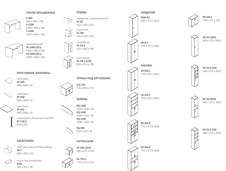 Модельный ряд офисной мебели серии Simple