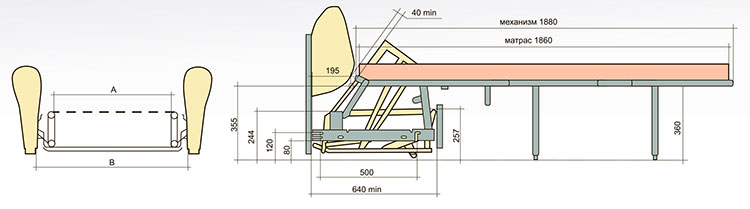 Схема с размерами механизма Ифагрид для диванов