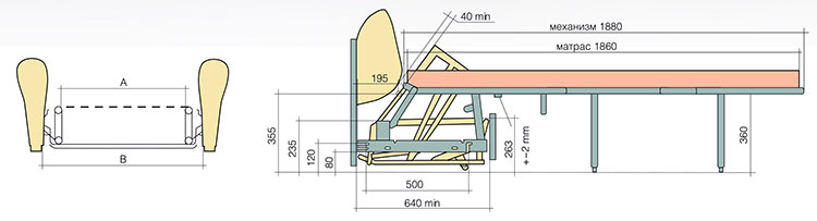 Схема размеров механизмом Миксотойл для диванов фабрики Стиль