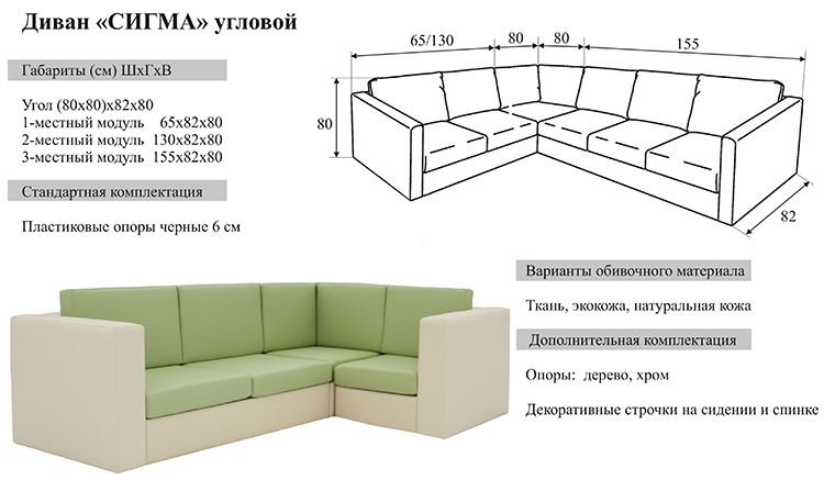 Схема с размерами для модульного дивана Сигма