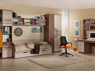Фото Компоновка №1 Манхэттен (Стелаж/Шкаф комб./Софа/ Полка/ Шкаф 2-ств./ Стол комп./ Надстройка 1200). Детские гарнитуры Манхэттен.
