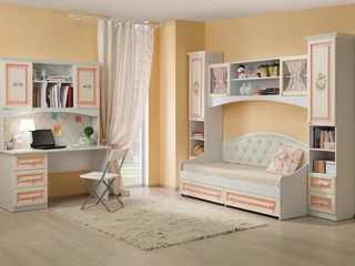 Фото Компоновка №4 Алиса (Стол письм.1200/Приставка для стола 1200/Шкаф комб./Софа/Секция нав./Шкаф комб). Детские гарнитуры Алиса.