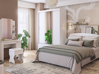 Фото Компоновка №1 Виктория-1 (Шкаф-купе 0,6/ Кровать 1,6/ Трюмо/ Пуф). Примеры комплектаций Виктория 1.