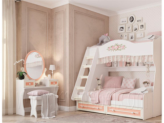 Фото Набор в детскую Алиса: трюмо с пуфом и двухъярусная кровать. Детские гарнитуры Алиса.