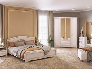 Фото Компоновка №3 Белла (Кровать 1,6 / Тумба пр. х 2 шт / Трюмо / Шкаф 3х ств. / Пуфик Трио). Примеры комплектаций Белла.