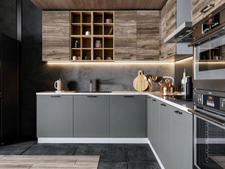 Фото Угловая кухня Ройс с верхом Лофт 240х285 см. Кухонные гарнитуры Ройс.