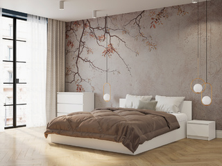 Фото Минималистичная спальня Мори: комод, кровать 1600х2000 и 2 прикроватные тумбы. Наборы модульной мебели Мори.