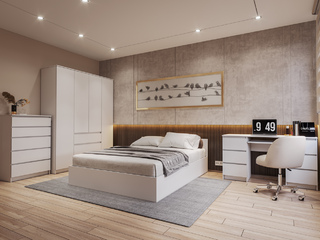 Фото Спальня Мори - комод МК 700.5, шкаф МШ 1600.1, кровать КРМ 1200.1, стол МС-2. Наборы модульной мебели Мори.