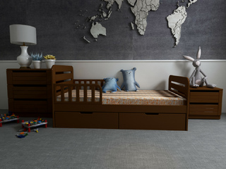 Фото Набор мебели Охта - комод, кровать 80х160 с ящиками и прикроватная тумба. Детские модульные гарнитуры.