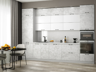 Фото Прямая кухня Лофт под потолок, Серая штукатурка и Белая. Кухонные гарнитуры Лофт.