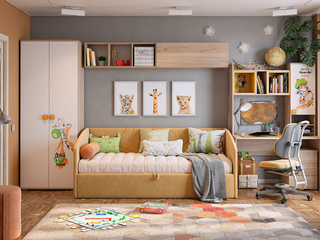 Фото Гарнитур детской мебели Зоо с мягкой софой Альба. Примеры комплектаций детской мебели Зоо.