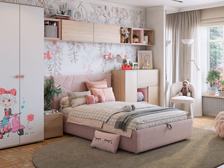 Фото Гарнитур детской мебели Алина с мягкой кроватью в розовом велюре. Примеры комплектация детской мебели Алина.