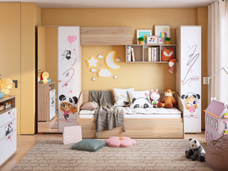 Фото Гарнитур детской мебели Панда - софа, шкаф с зеркалом, пенал, полки и комод. Примеры комплектаций детской мебели Панда.