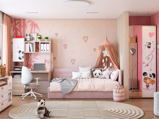 Фото Гарнитур детской мебели Панда с мягкой тахтой Альба в розовом цвете. Примеры комплектаций детской мебели Панда.