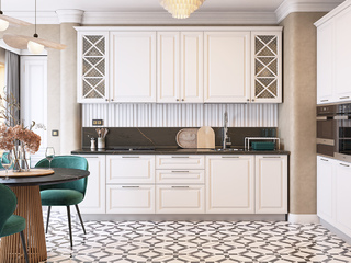 Фото Кухонный гарнитур Мишель с фасадом МДФ эмаль, белый с верхними высокими шкафами, ширина 3243х2361. Кухонные гарнитуры Мишель.