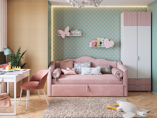 Фото Детская софа Лея со шкафом, полками Зефир и письменным столом. Примеры комплектации детской мебели Зефир.