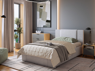 Фото Гарнитур мебели для подростка с мягкой кроватью тумбой и комодом. Детские модульные гарнитуры.