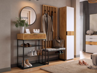 Фото Мини прихожая: обувница Вельвет, вешалка и шкаф Бери, зеркало и обувница Классная 2. Маленькие прихожие.