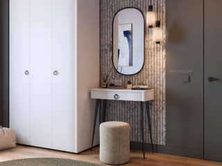 Фото Набор из туалетного столика, пуфа, настенного зеркала и 3-х створчатого шкафа. Туалетные столики.