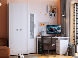 Фото Домашнее рабочее место - платяной шкаф Ева 102.01, угловой стол и стеллаж Лайт 2. Модульные компьютерные столы Лайт-2.