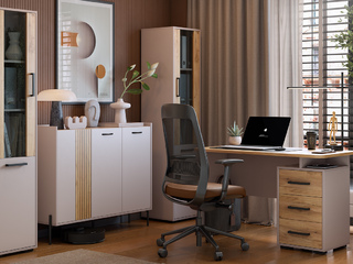 Фото Домашнее рабочее место - прямой стол Лайт 2, 2 стеллажа и комод Доминика. Модульные компьютерные столы Лайт-2.