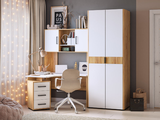 Фото Домашнее рабочее место - угловой стол Лайт 2 с надстройкой и платяной шкаф Адам. Модульные компьютерные столы Лайт-2.