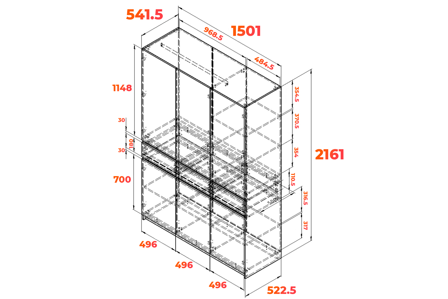 Схема трёхстворчатого шкафа Дельта Некст 13.04 с размерами