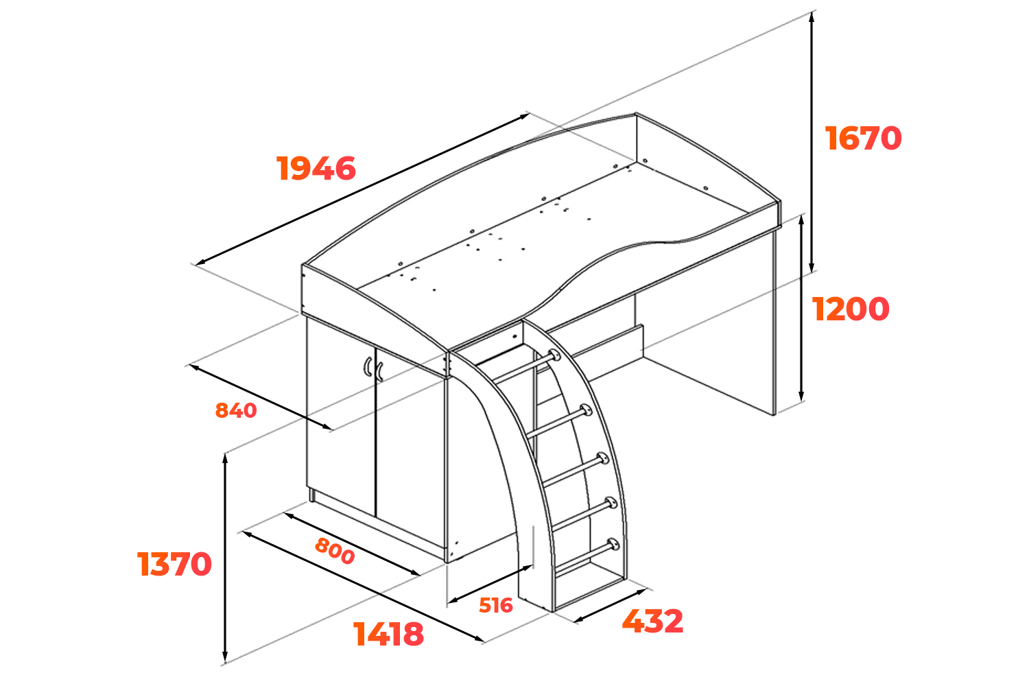 Схема кровати чердака Соня-1 с габаритными размерами